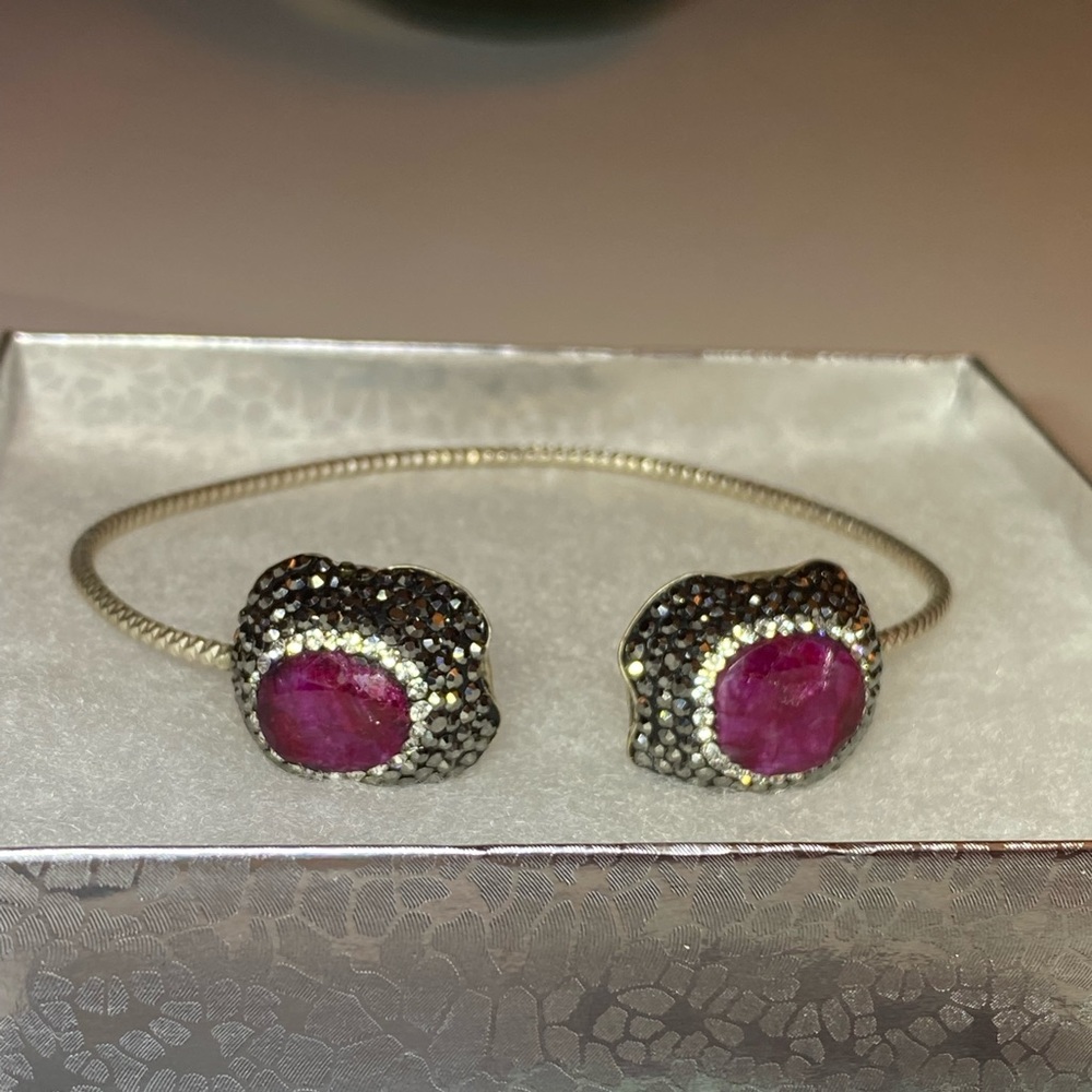 Rough Ruby Silver Victorian Cuff Bracelet - image 4
